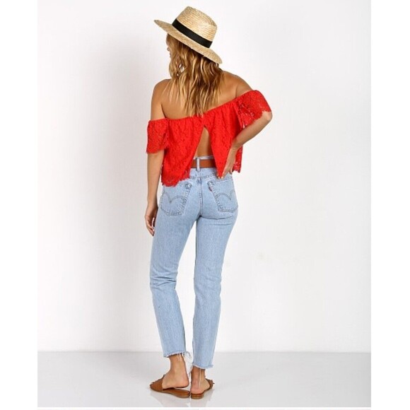 Show Me Your Mumu Ella Spring Fling Blood Orange Lace Off Shoulder Top S - Picture 2 of 6